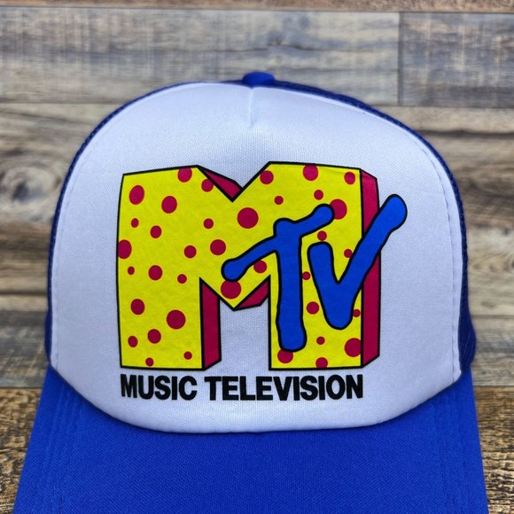 MTV Polka Dot Mens Trucker Hat Blue Snapback Retro 90s Logo Baseball Cap - Picture 3 of 8